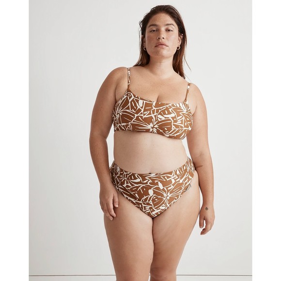 Madewell Tie Back Bikini White Gold Abstract Floral Sepia Plus Size 4x - Picture 1 of 12